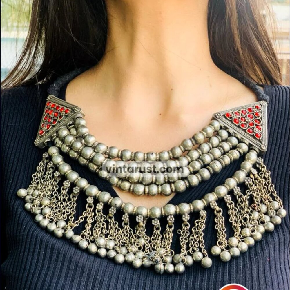 Multilayers Silver Metallic Beaded Choker Necklac… - image 2